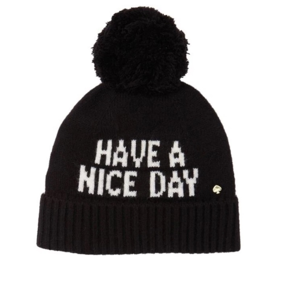 Kate Spade Black Knit Beanie with Pom-Pom Have‎ A Nice Day Black
